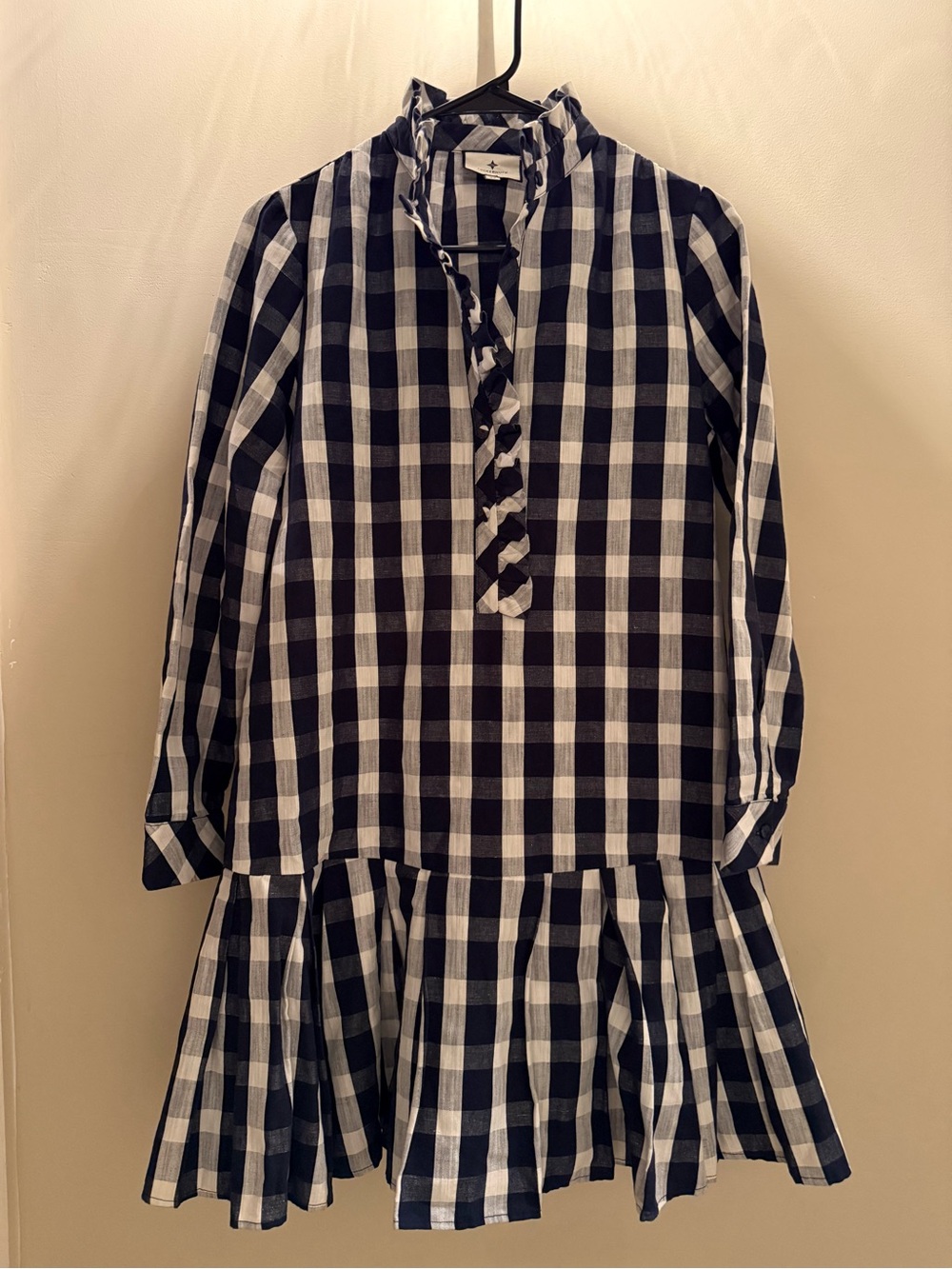 NWOT Tuckernuck Navy & White Gingham Check Ruffle Tate Dress Size XS Linen Blend